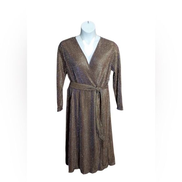 CHAUS Glimmery Tie-Waist Midi Dress - Size L Gold/Plum - Picture 4 of 6